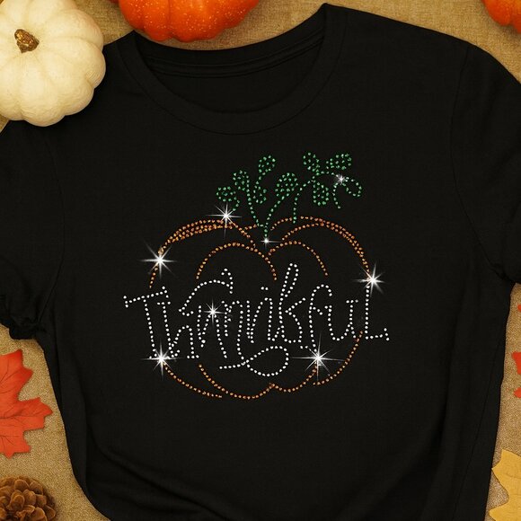 Thankful Pumpkin Rhinestone T-Shirt –Fall & Thanksgiving Sparkle Tee - Picture 1 of 1